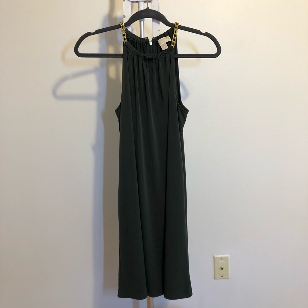 Michael Kors green dress with gold chain straps